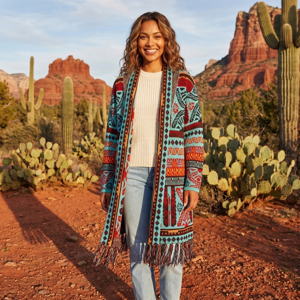 Adora Geometric Southwestern Duster Cardigan Womens M Turquoise Red Boho Fringe